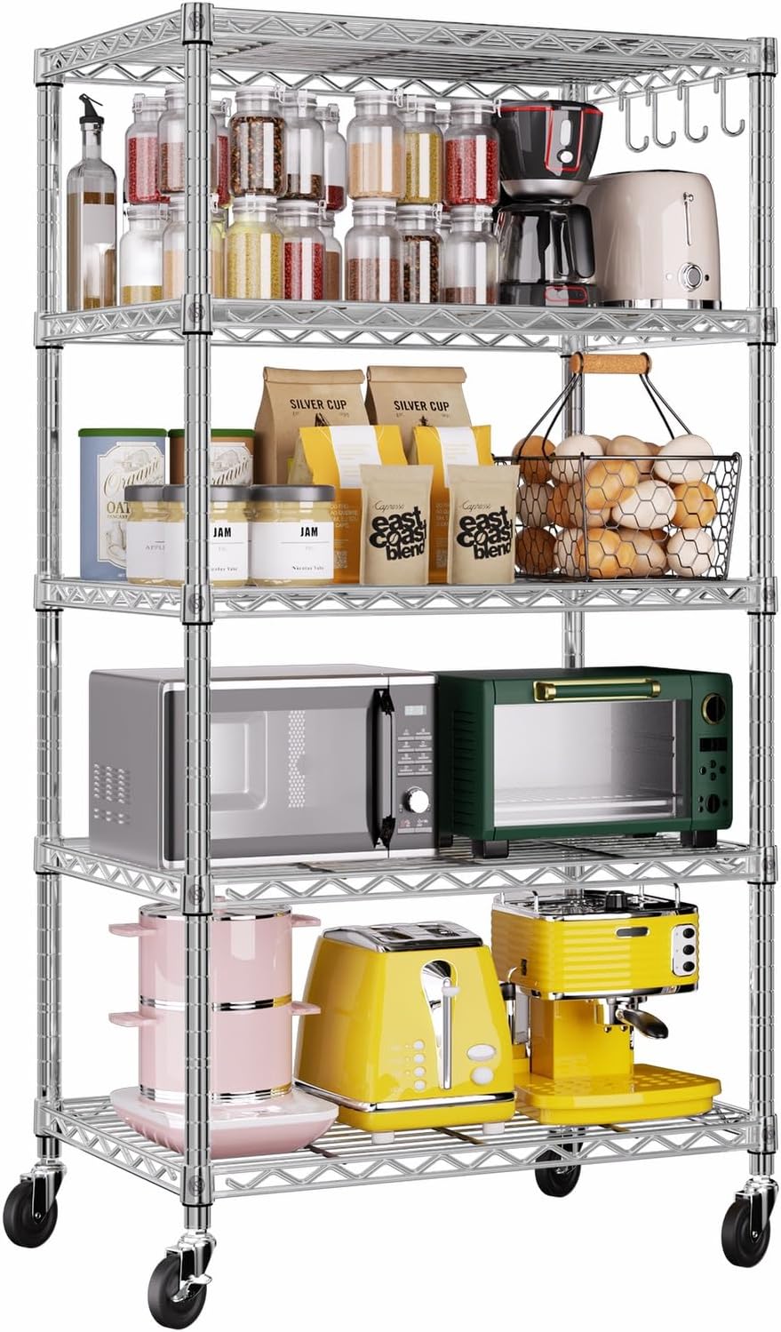🚀 Heavy Duty 4-Tier Chrome Wire Shelving Unit with Wheels – Adjustable, Mobile & High Capacity! 🏋️♂️