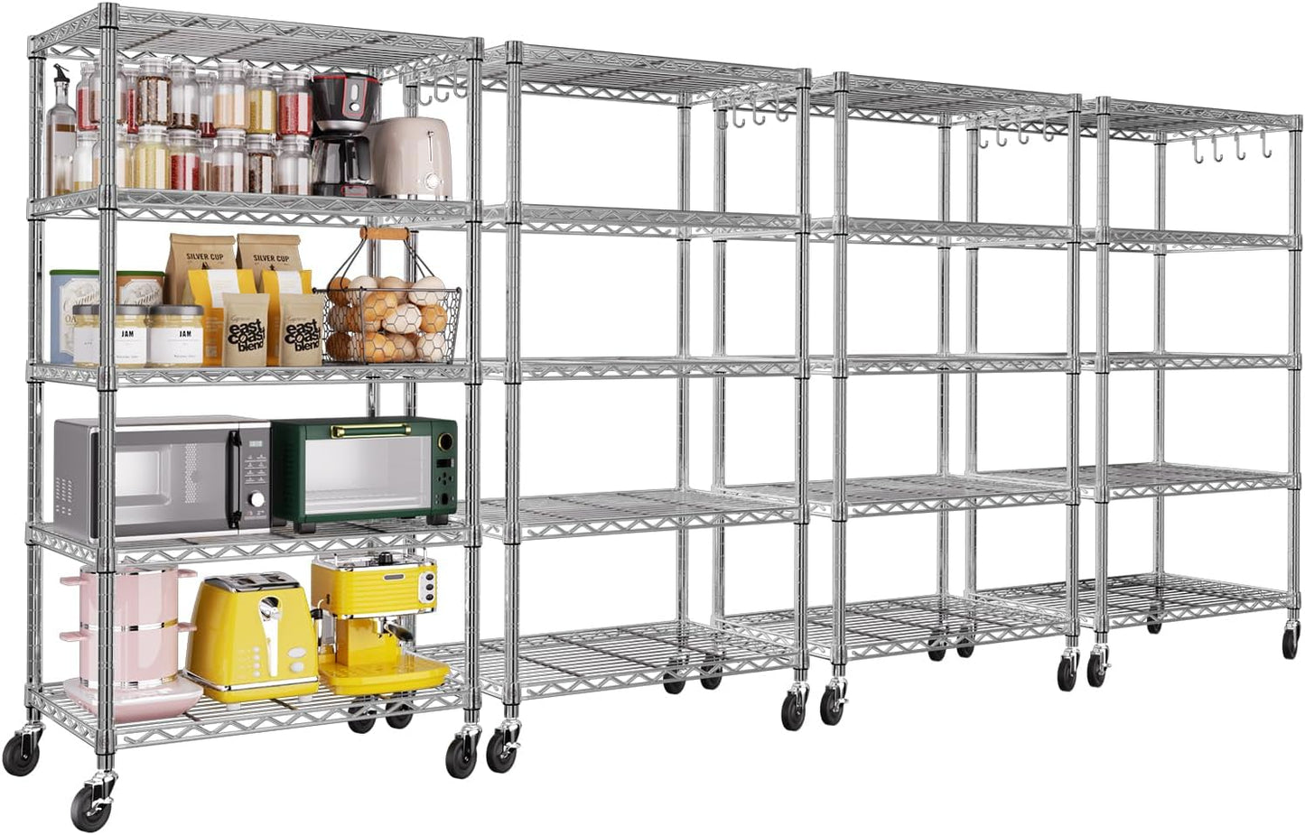 🚀 Heavy Duty 4-Tier Chrome Wire Shelving Unit with Wheels – Adjustable, Mobile & High Capacity! 🏋️‍♂️