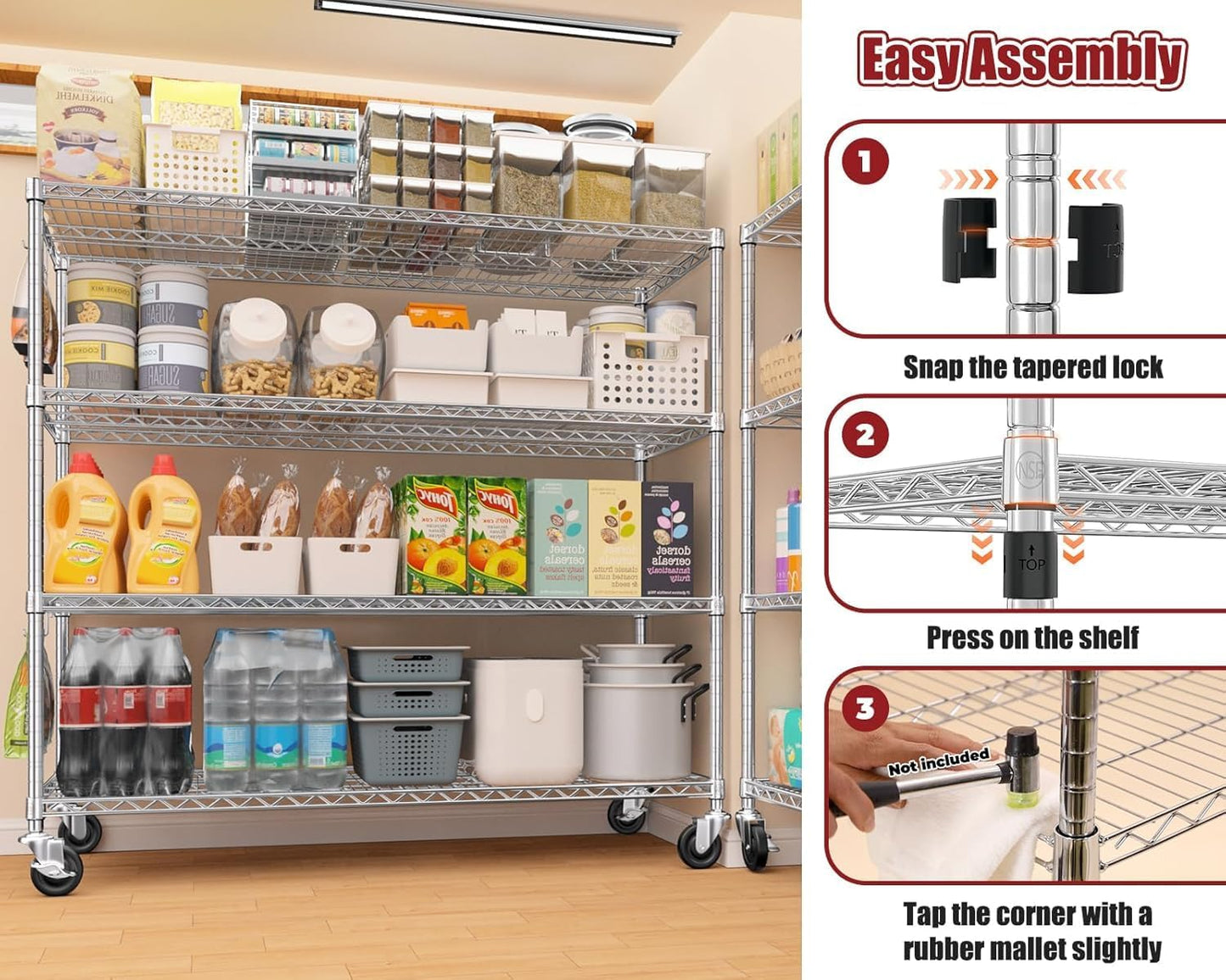 🚀 Heavy Duty 4-Tier Chrome Wire Shelving Unit with Wheels – Adjustable, Mobile & High Capacity! 🏋️‍♂️
