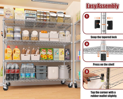 🚀 Heavy Duty 4-Tier Chrome Wire Shelving Unit with Wheels – Adjustable, Mobile & High Capacity! 🏋️‍♂️