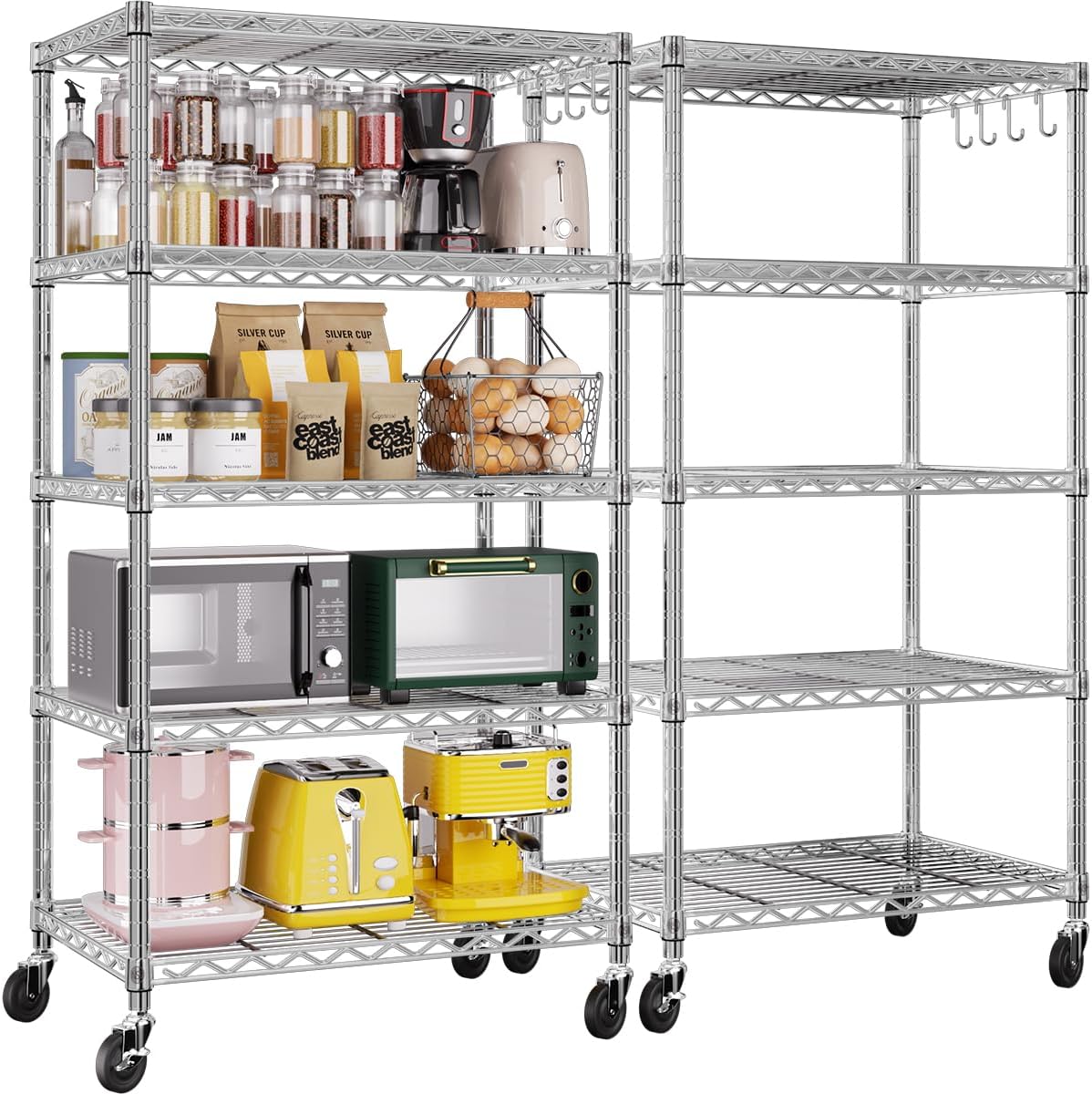 🚀 Heavy Duty 4-Tier Chrome Wire Shelving Unit with Wheels – Adjustable, Mobile & High Capacity! 🏋️‍♂️
