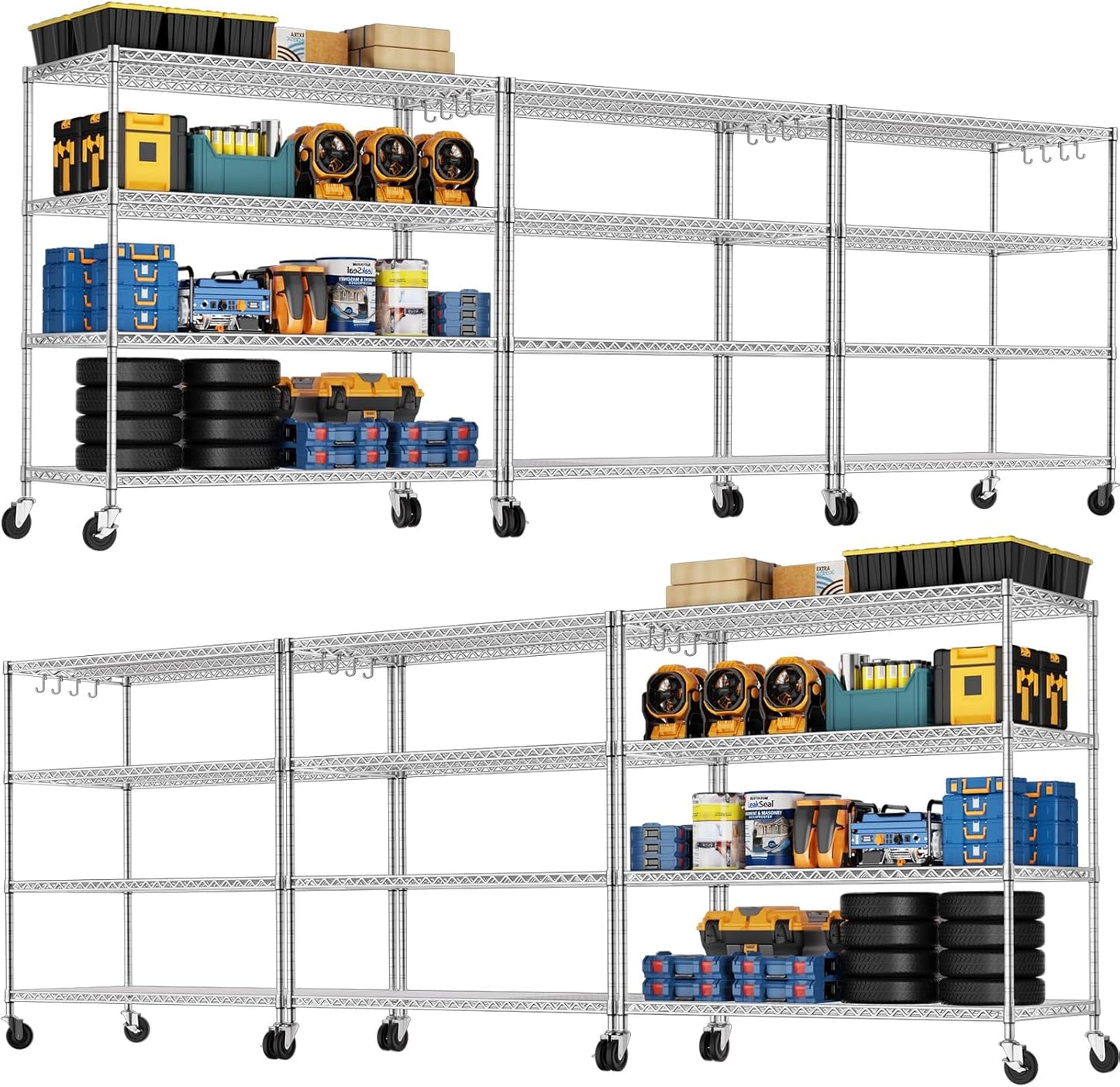 🚀 Heavy Duty 4-Tier Chrome Wire Shelving Unit with Wheels – Adjustable, Mobile & High Capacity! 🏋️‍♂️