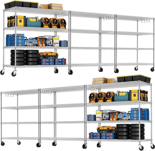 🚀 Heavy Duty 4-Tier Chrome Wire Shelving Unit with Wheels – Adjustable, Mobile & High Capacity! 🏋️‍♂️