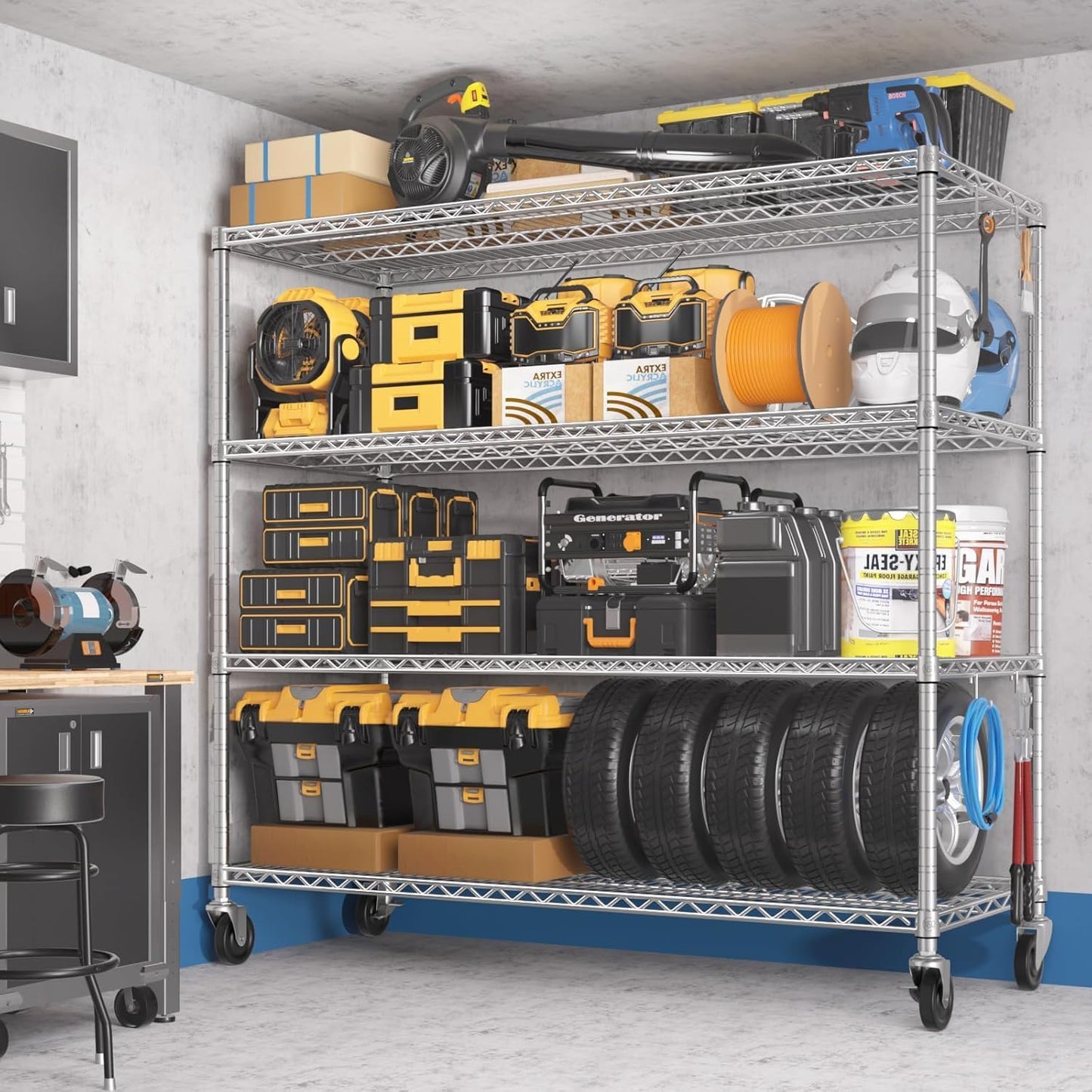🚀 Heavy Duty 4-Tier Chrome Wire Shelving Unit with Wheels – Adjustable, Mobile & High Capacity! 🏋️‍♂️