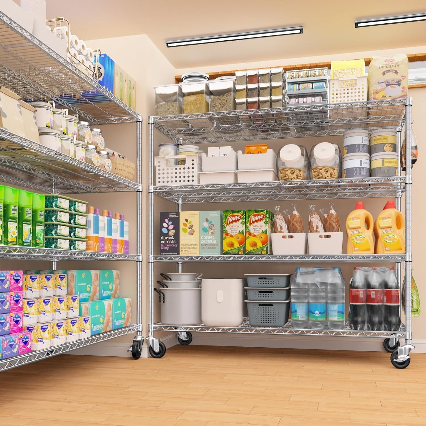 🚀 Heavy Duty 4-Tier Chrome Wire Shelving Unit with Wheels – Adjustable, Mobile & High Capacity! 🏋️‍♂️